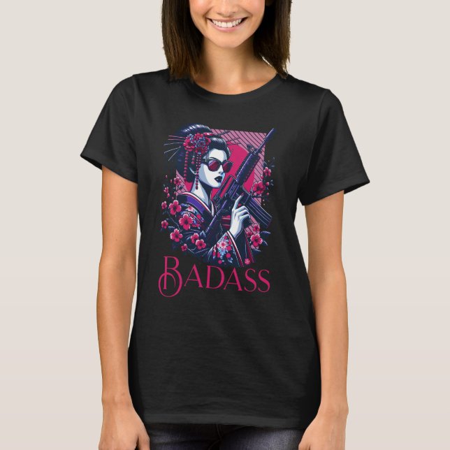 T-shirt Badass Rebel Japan Geisha Girl Machine Gun Floral (Devant)