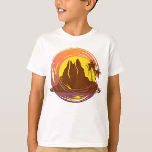 T-shirt Badge avec paysage volcanique tropical et palmiers