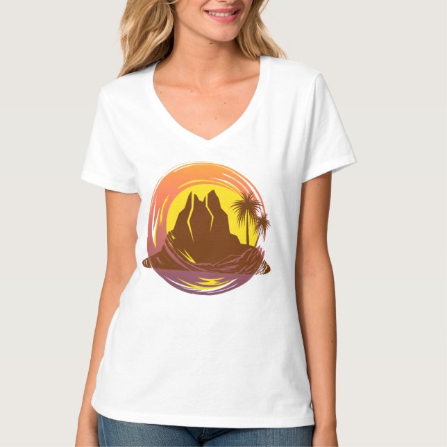 T-shirt Badge avec paysage volcanique tropical et palmiers (Devant)