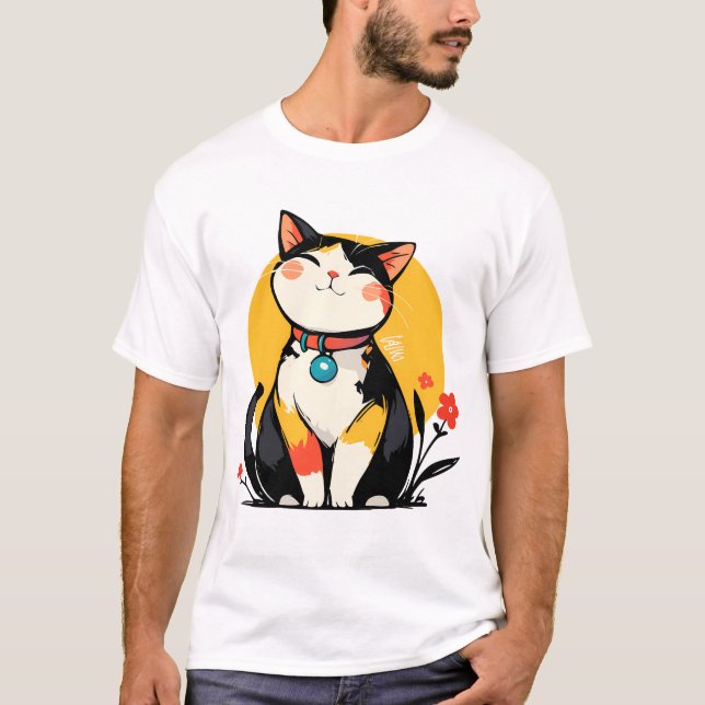 T-shirt Badge de chat calicot souriant et dodu (Devant)