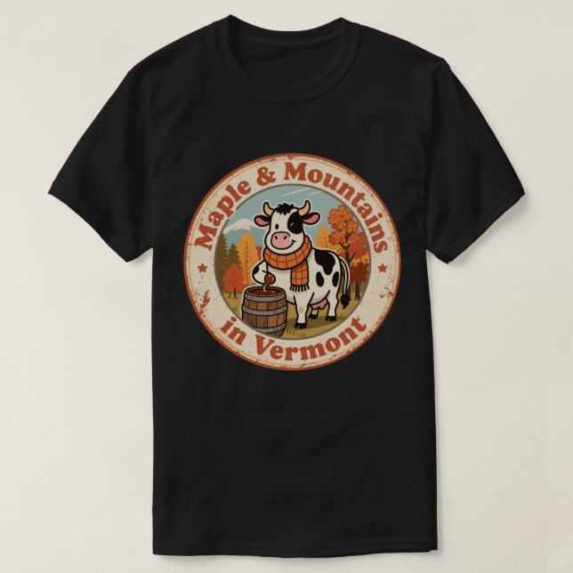 T-shirt Badge Rétro Vermont : Vache Confortable avec Échar (Design devant)