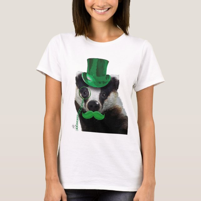 T-shirt Badger with Green Top Hat and Moustache (Devant)