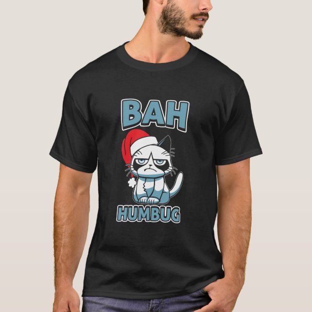 T-shirt Bah Humbug Cat Santa Hat Anti Xmas Grumpy Scrooge (Devant)