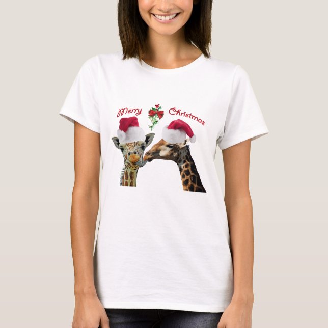 T-shirt Baisers des girafes de Noël sous le gui (Devant)