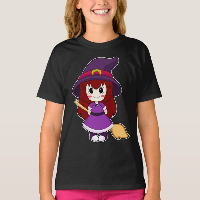 T-shirt Balai de sorcière pour fille Halloween (Devant)