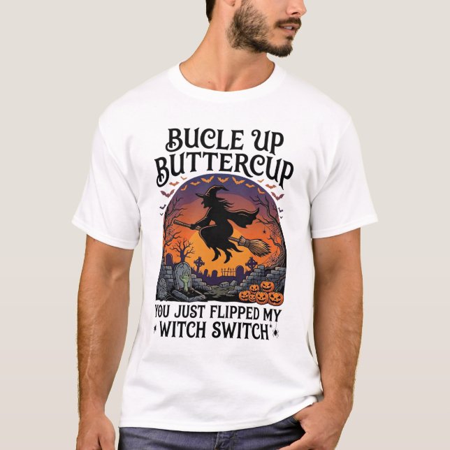 T-shirt Balai d'Halloween Bucle Up Papillon Sorcière Switc (Devant)
