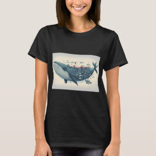 T-shirt Baleine dans l'eau avec des poissons. Illustration