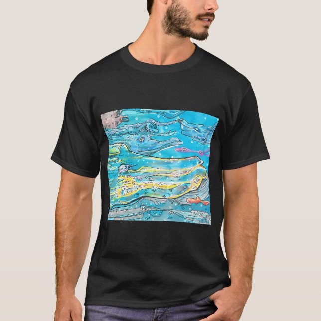 T-shirt Baleine spatiale en peinture bleue et jaune (Devant)