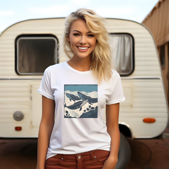 T-shirt Baleines Sea Ocean Bay, Nouvelle-Écosse Custom (A captivating, bold print of three blue whales under the sea, perfect for nature lovers.)