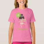 T-shirt Ballerina Birthday Kids Ringer Brunette<br><div class="desc">Nos mignonnes chemises d'anniversaire de ballerine peuvent être customisées avec l'âge de la fille de l'anniversaire sur le ballon et personnalisées avec son nom en dessous. Une ballerine saute dans l'air avec un tiare et un tutu rose et un léotard avec un cupcake d'une main et un ballon de l'autre....</div>