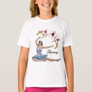 T-shirt Ballerina en bleu Nom personnel Fleurs roses