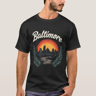 T-shirt Baltimore Retro Skyline avec coucher de soleil
