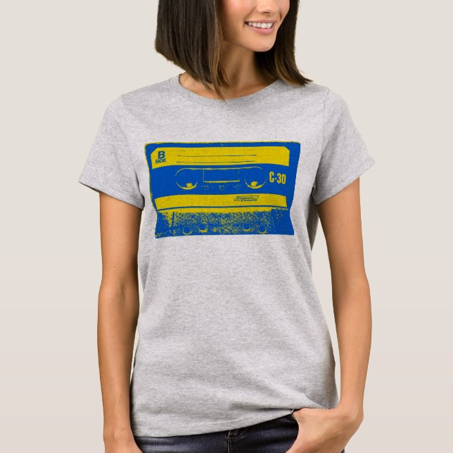 T-shirt Bande de cassette bleu et jaune rétro (Devant)