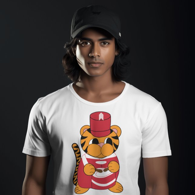 T-shirt Bande de Marquage de Tiger batteur rouge et blanc (A fun tshirt that has a tiger playing the drums in a red and white marching band uniform.)