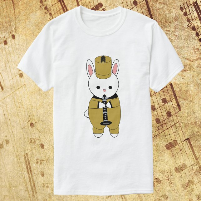 T-shirt Bande de Marquage Rabbit Clarinet Gold Noir (A shirt of a rabbit wearing a gold and black marching band uniform and playing the clarinet.)