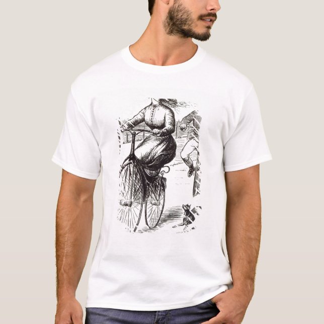T-shirt Bande dessinée de Madame sur un vélo sur rail, (Devant)
