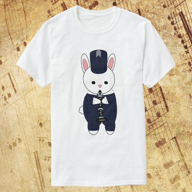 T-shirt Bande Marche Clarinet Rabbit Marine Bleu Blanc (A tshirt featuring a white rabbit playing the clarinet in a navy blue & white marching band uniform.)