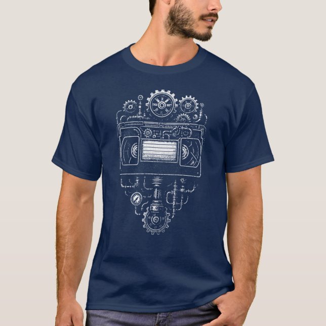 T-shirt Bande vidéo VHS steampunk monochrome (Devant)