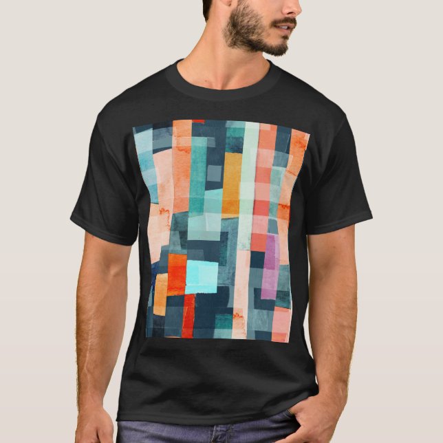 T-shirt Bandes géométriques multicolores, motif tendance. (Devant)