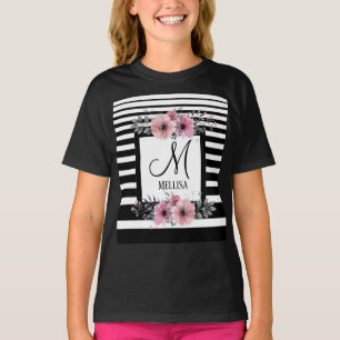 T-shirt Bandes noires et blanches Monogramme floral rose