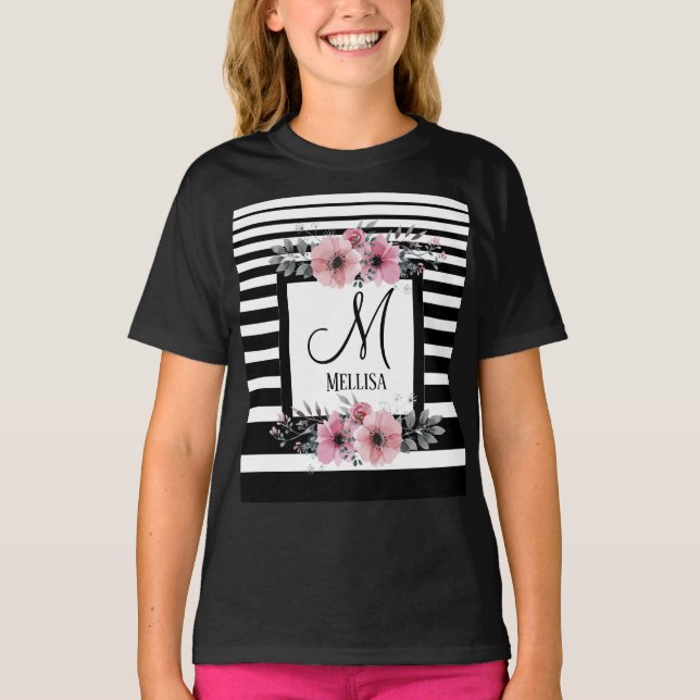 T-shirt Bandes noires et blanches Monogramme floral rose (Devant)