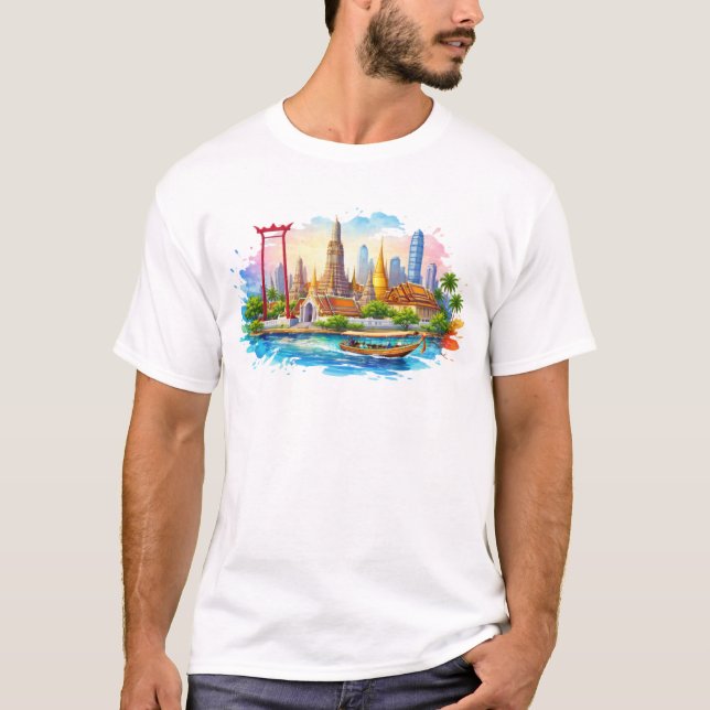 T-shirt Bangkok landmarks with temples river and city skyl (Devant)