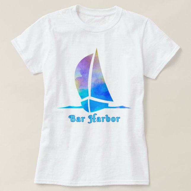 T-shirt Bar Harbour Maine Watercolor Ocean Sailboat (Design devant)