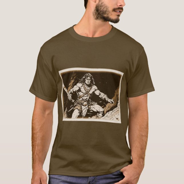T-shirt Barbare à la large épée Sépia Or Style Pop Art (Devant)