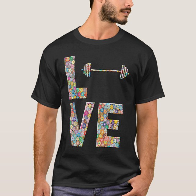 T-shirt Barbell Gym Workout Love Flowers (Devant)