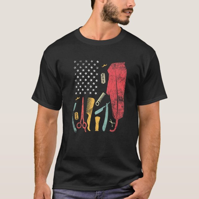 T-shirt Barber Us Drapeau Coiffeur Amour Sèche-cheveux Bar (Devant)