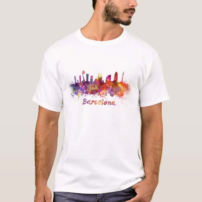 T-shirt Barcelone skyline in watercolor (Devant)