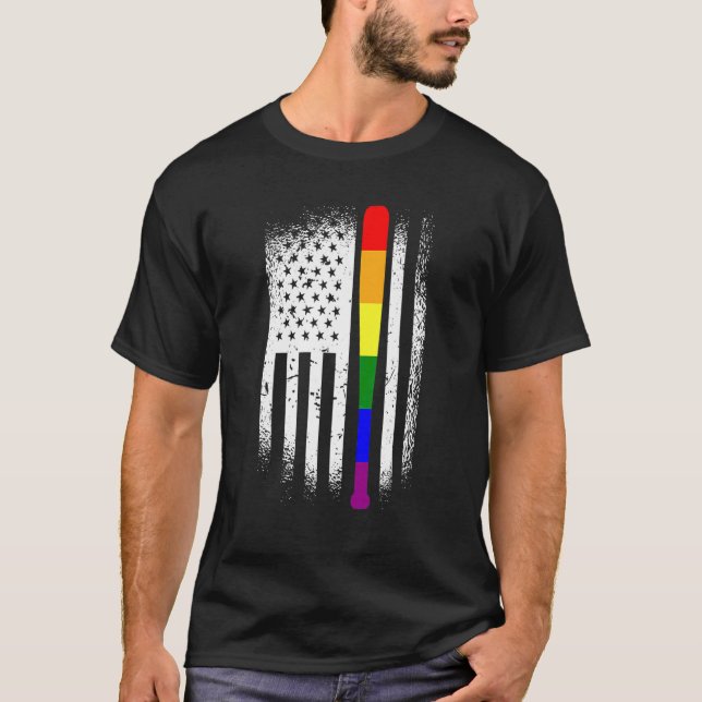 T-shirt Baseball American Flag Lgbt Q Rainbow Bat Gay Prid (Devant)