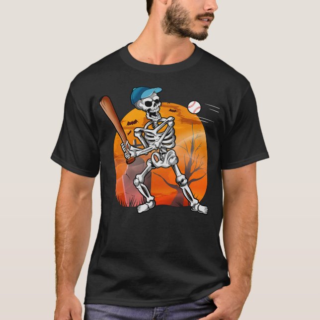 T-shirt Baseball Bat Player Skeleton Funny Halloween Boys  (Devant)