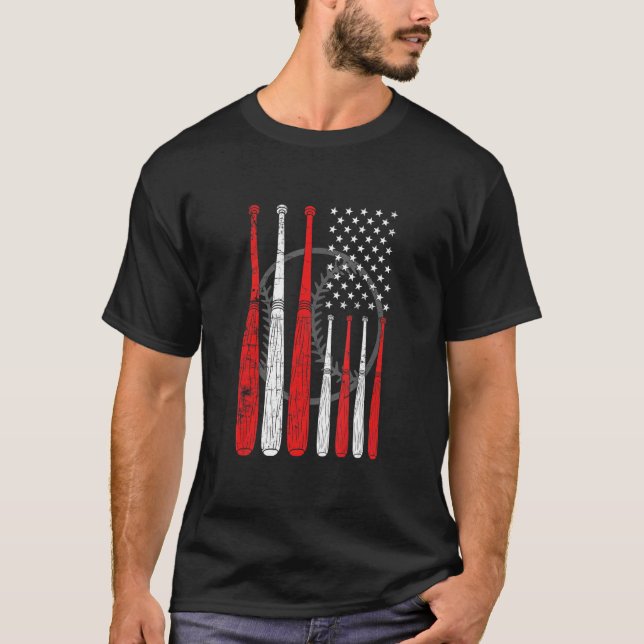 T-shirt Baseball Bat US Drapeau Pitcher Catcher Jeu de Bas (Devant)