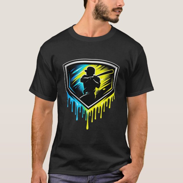 T-shirt Baseball : Bouclier Emblème de Batteur Neon Drip (Devant)