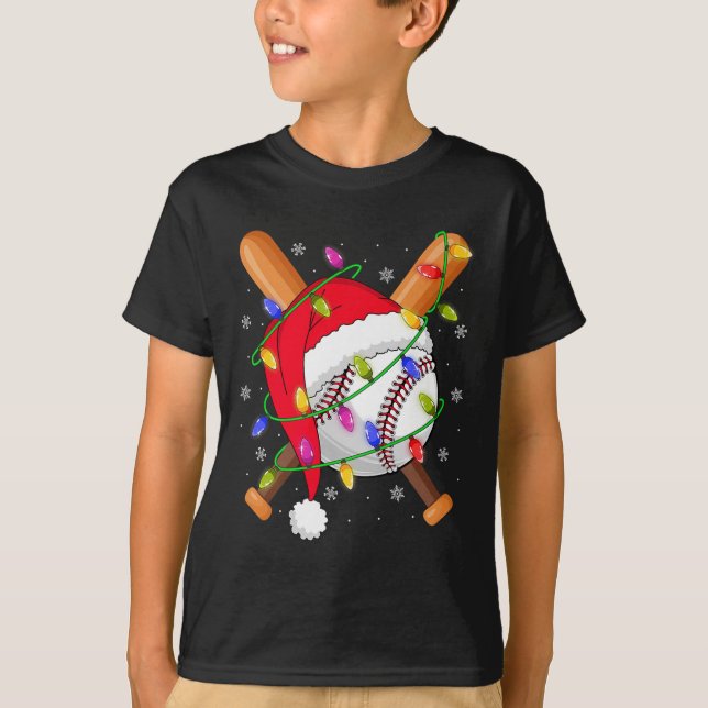 T-shirt Baseball Christmas Lights Santa Hat Baseball Playe (Devant)