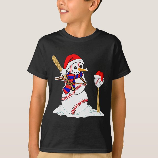T-shirt Baseball Christmas Snowman Playing Baseball  (Devant)