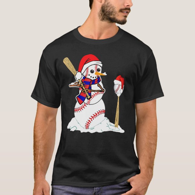 T-shirt Baseball Christmas Snowman Playing Baseball (Devant)