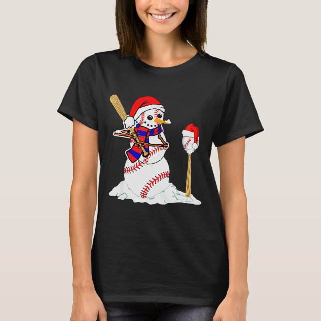 T-shirt Baseball Christmas Snowman Playing Baseball  (Devant)