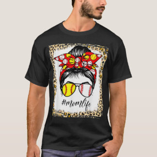 T-shirt Baseball Maman Vie Messeuse Bun Cheveux Leopard Bl