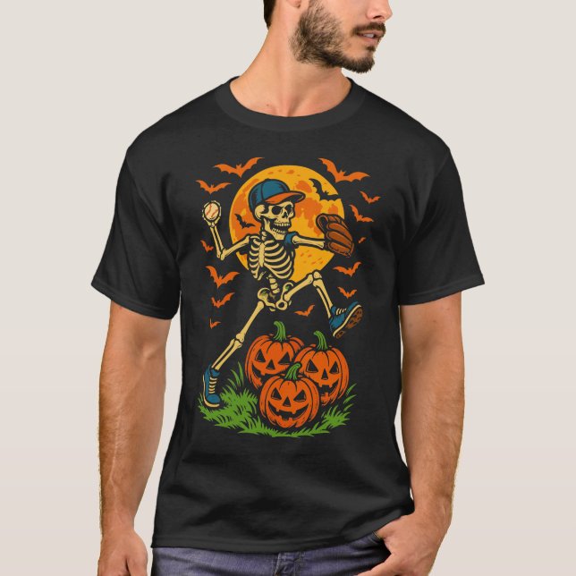 T-shirt Baseball Skeleton Halloween Hommes garçons Basebal (Devant)