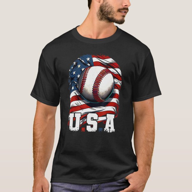 T-shirt Baseball USA Flag Patriotic  4th Of July Baseball (Devant)