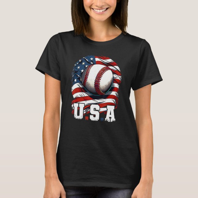 T-shirt Baseball USA Flag Patriotic  4th Of July Baseball (Devant)