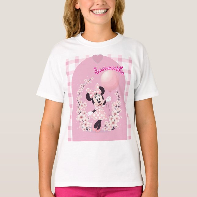 T-shirt basique rose Minnie mouse avec nom modifia (Devant)