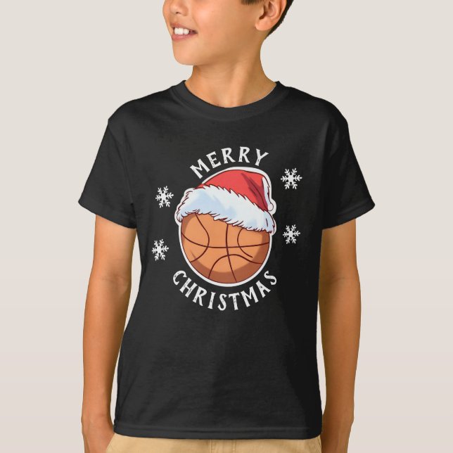 T-shirt Basket Ball Red Santa Hat Snowflake Noël (Devant)