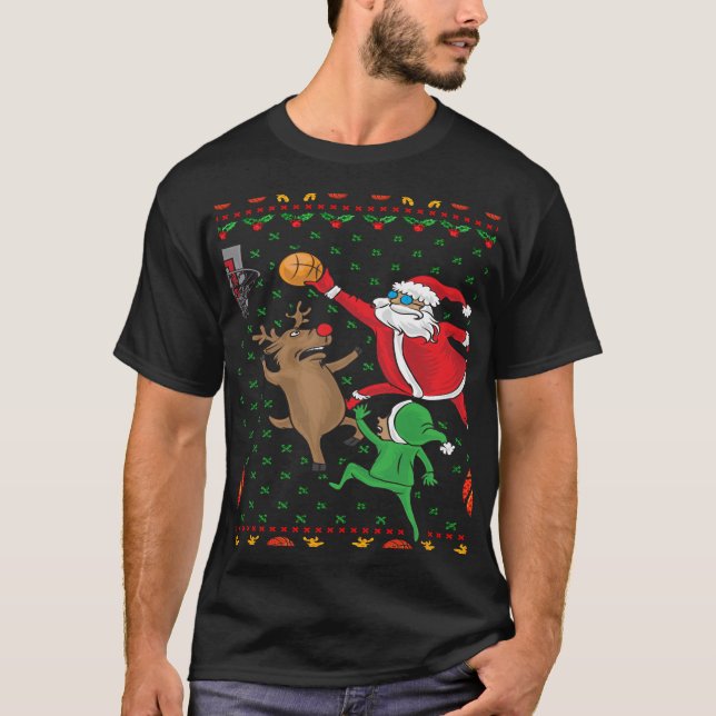 T-shirt Basketball Noël Père Noël et Reindeer Long Sleev (Devant)