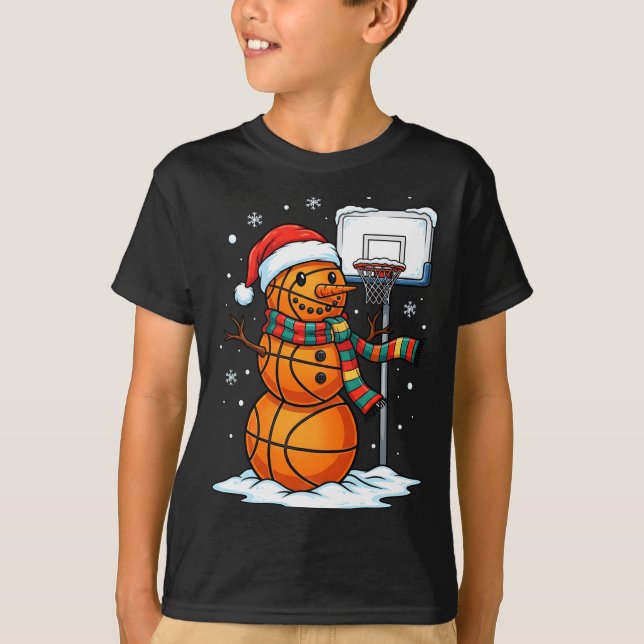 T-shirt Basketball Snowman Christmas Santa Hat Funny Xmas  (Devant)