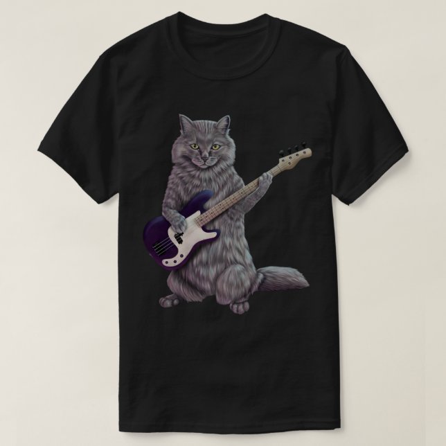 T-shirt Bass Cat- Rock groupe kitty jouant la basse guitar (Design devant)