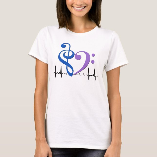 T-shirt Bass Clef Heart EKG Waves Blue & Amethyst (Devant)