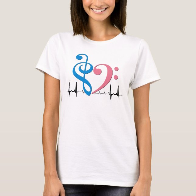 T-shirt Bass Clef Heart EKG Waves Cyan & Pink (Devant)
